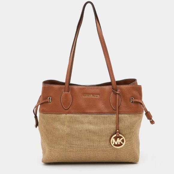 MICHAEL KORS Marina Drawstring Shoulder Bag‎ MK Gold logo Canvas Satchel - Picture 1 of 16